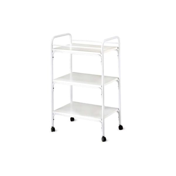 Carrello in acciaio verniciato bianco con 3 ripiani in legno lavabili antigraffio.  CA302 Carrello Silvy Elettrobeauty