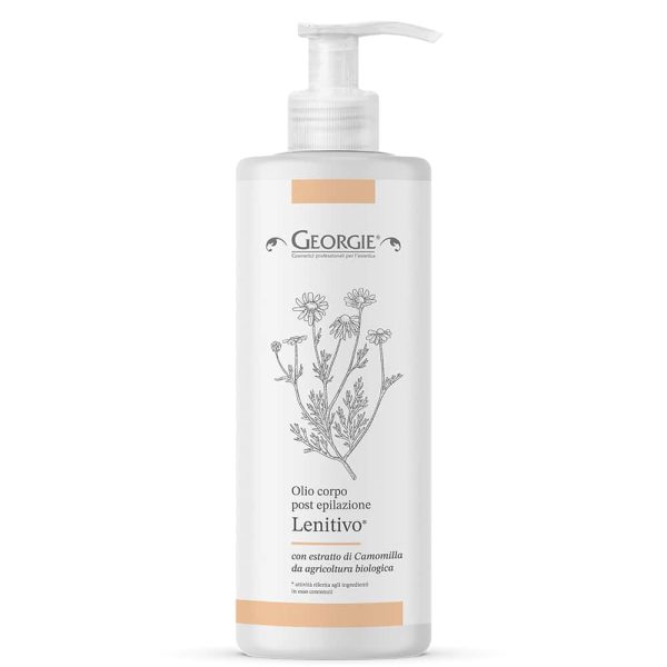 Olio post epilazione LENITIVO alla Camomilla e Arancio Dolce con dosatore. Georgie. Confezione: 500 ml. Ideale per i trattamenti di depilazione presso centri estetici o SPA. C4550 8050030995236